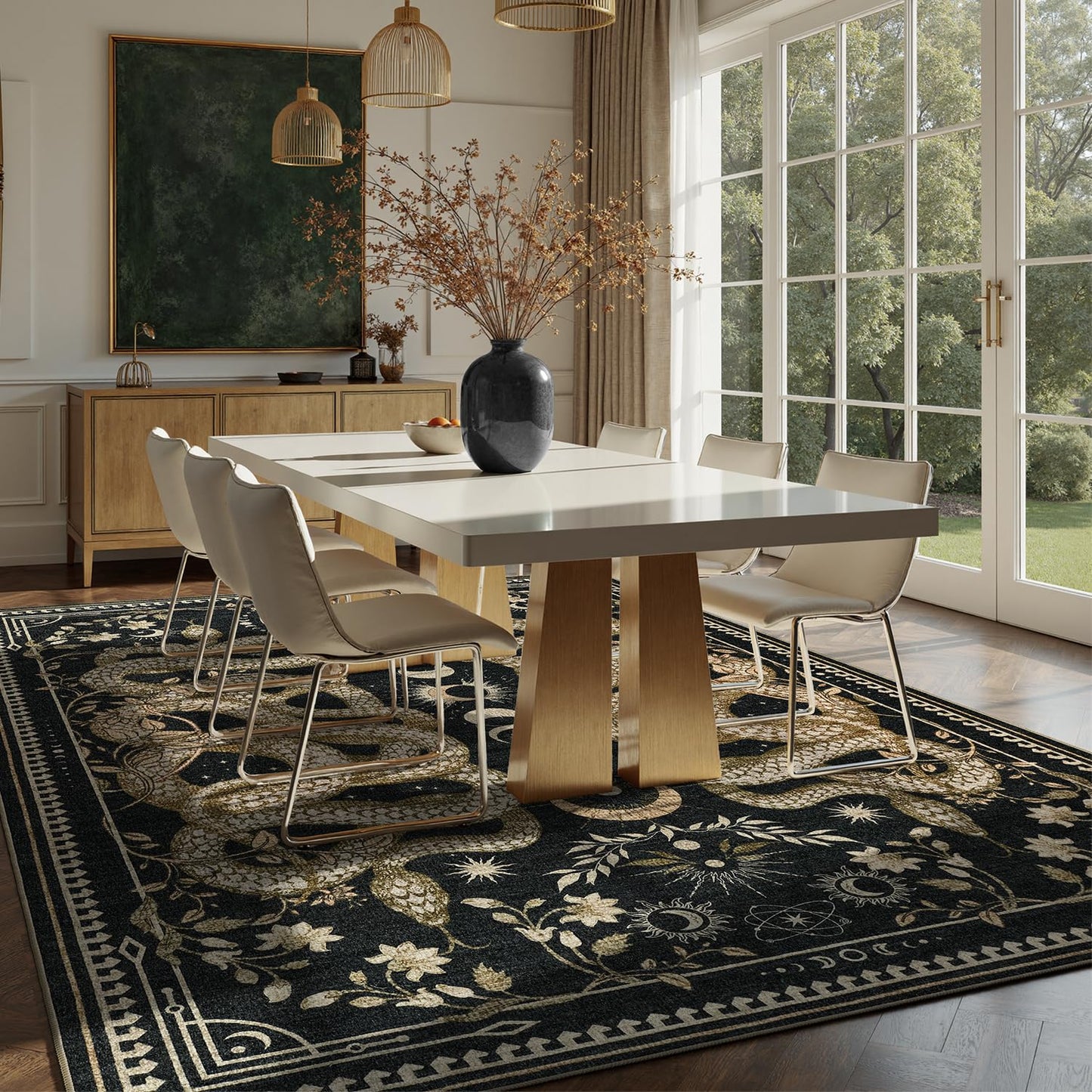 DCX Washable 5x7 Snake Rug, Black Gothic Rug for Living Room, Soft Low Pile Carpet, Kid & Pet Friendly with Rubber Back Non Slip, Stain Resistant Rug for Bedroom Dining Room Office