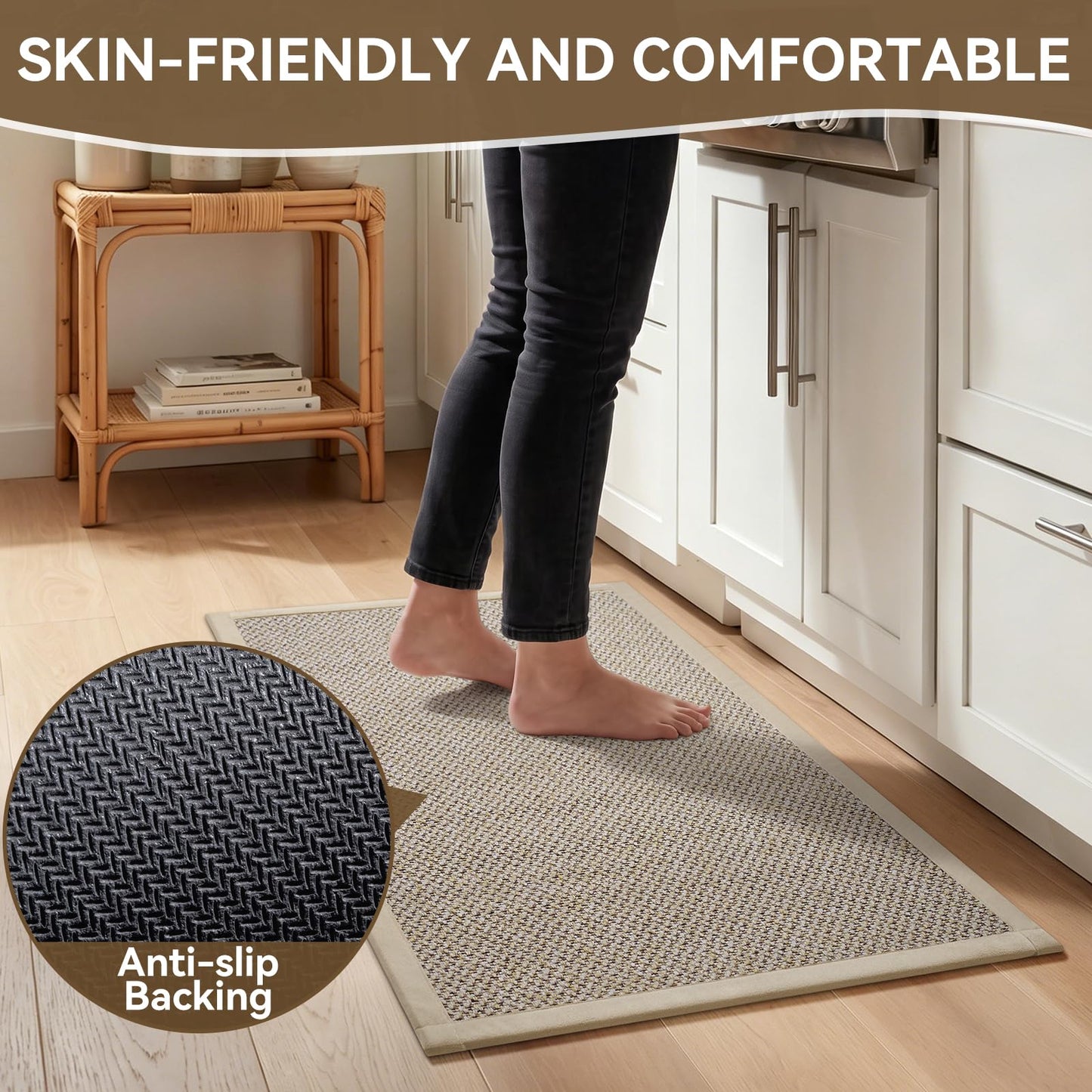 QiCaiJia Kitchen Rugs Non-Slip and Washable, Kitchen Mats for Floor, Absorbent Kitchen mats, Rubber Backing, Soft Braided Standing Floor Rug Sink Mat Runner Rug Kitchen Rug Brown 17"x47"