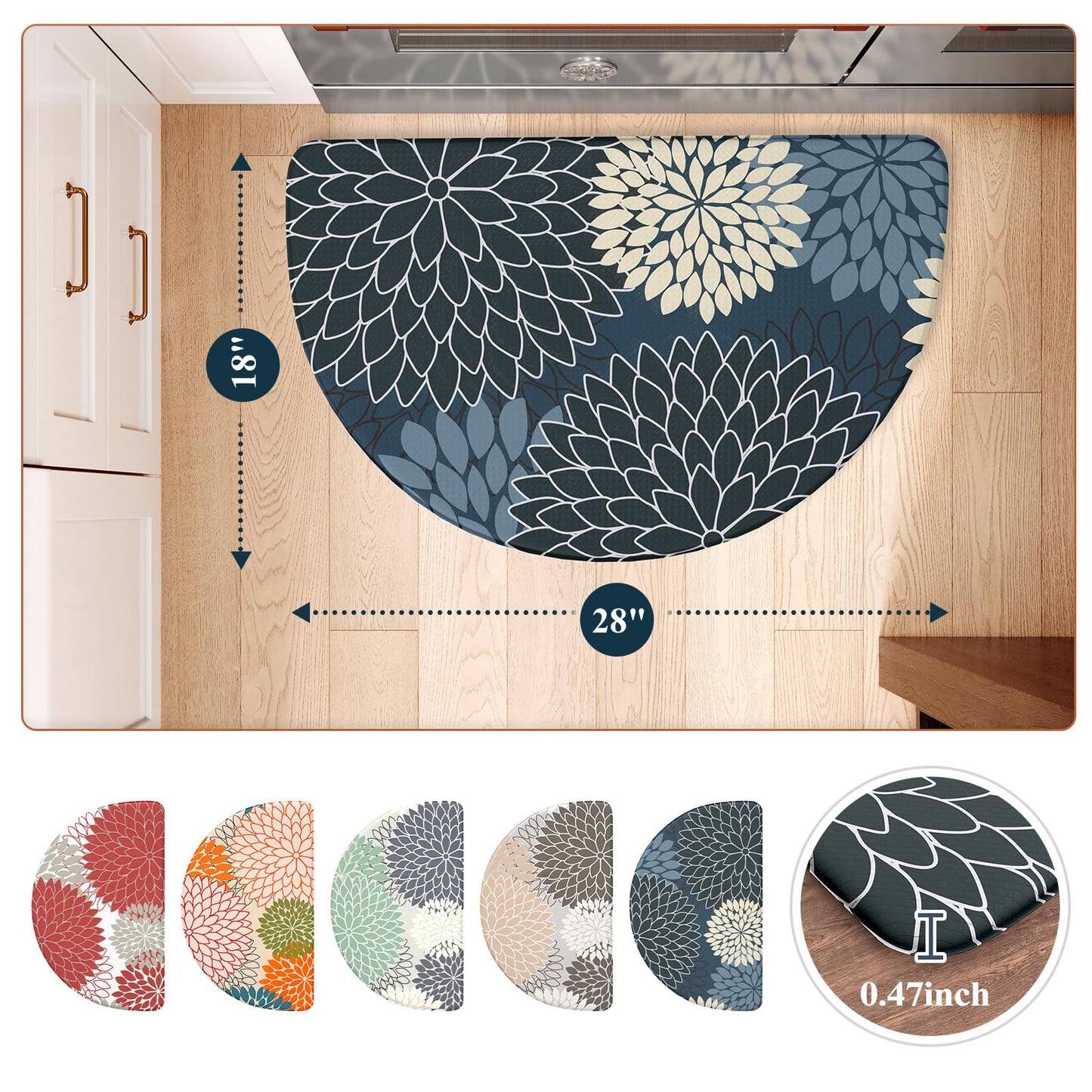KIMODE Half Circle Kitchen Mats for Floor Cushioned Anti Fatigue,Semi Round Floral Boho Kitchen Rug Non Slip,Waterproof Kitchen Carpet Decor for Sink Laundry Bathroom,Blue Multi