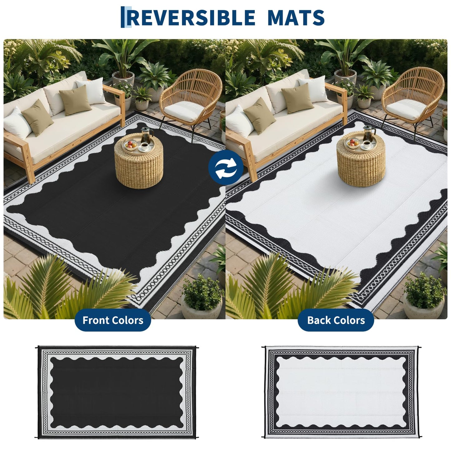 GarveeHome Outdoor Rug 8x10 Patio Waterproof, Reversible Plastic Straw Rugs for Camping, Picnic, Balcony, Porch, RV, Easy-Clean & Quick Dry Scalloped Pattern Large Indoor Outdoor Carpet, Black