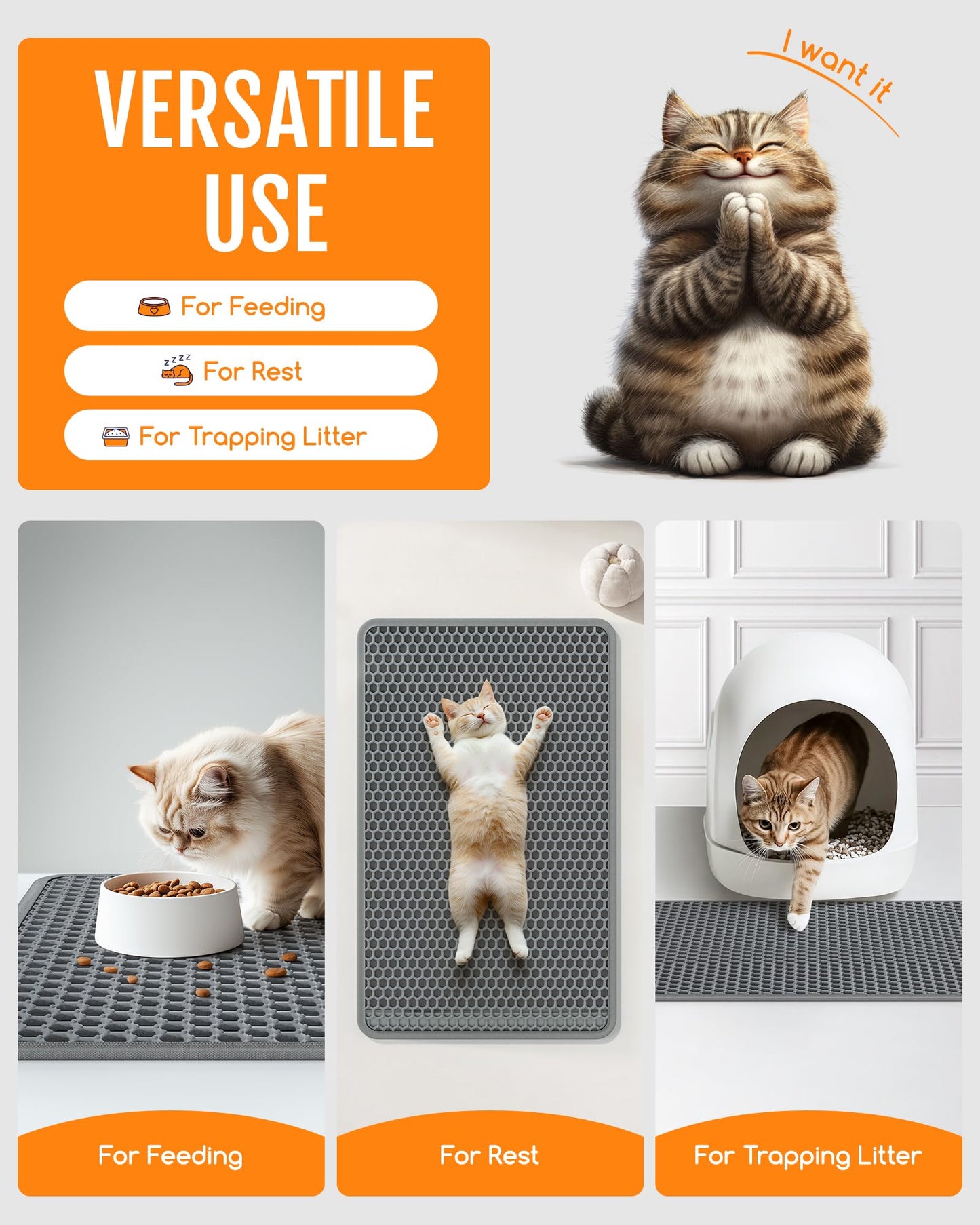 Powools Cat Litter Mat - 23.2" x 14.6" Small Litter Box Mat with Double Layers, Urine-Proof and Non-Slip Litter Trapping Mat, Easy to Clean Kitty Litter Mats for Floor, Scatter Control, Grey