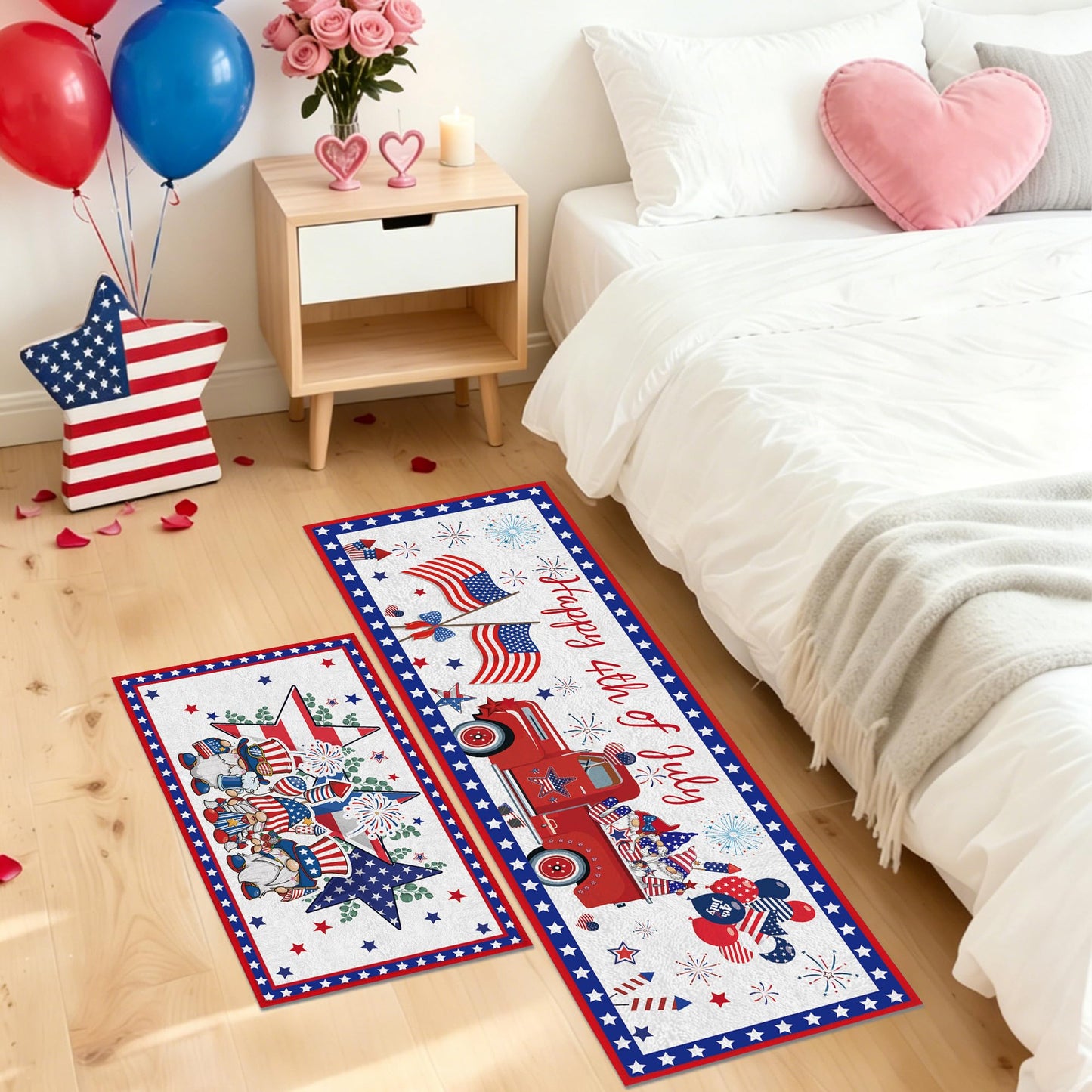 4th of July Kitchen Rugs Set, 3 Pcs Patriotic Gnome Runner Rug and Floor Mat, Americana Truck Decor for Kitchen Entryway, Red White Blue