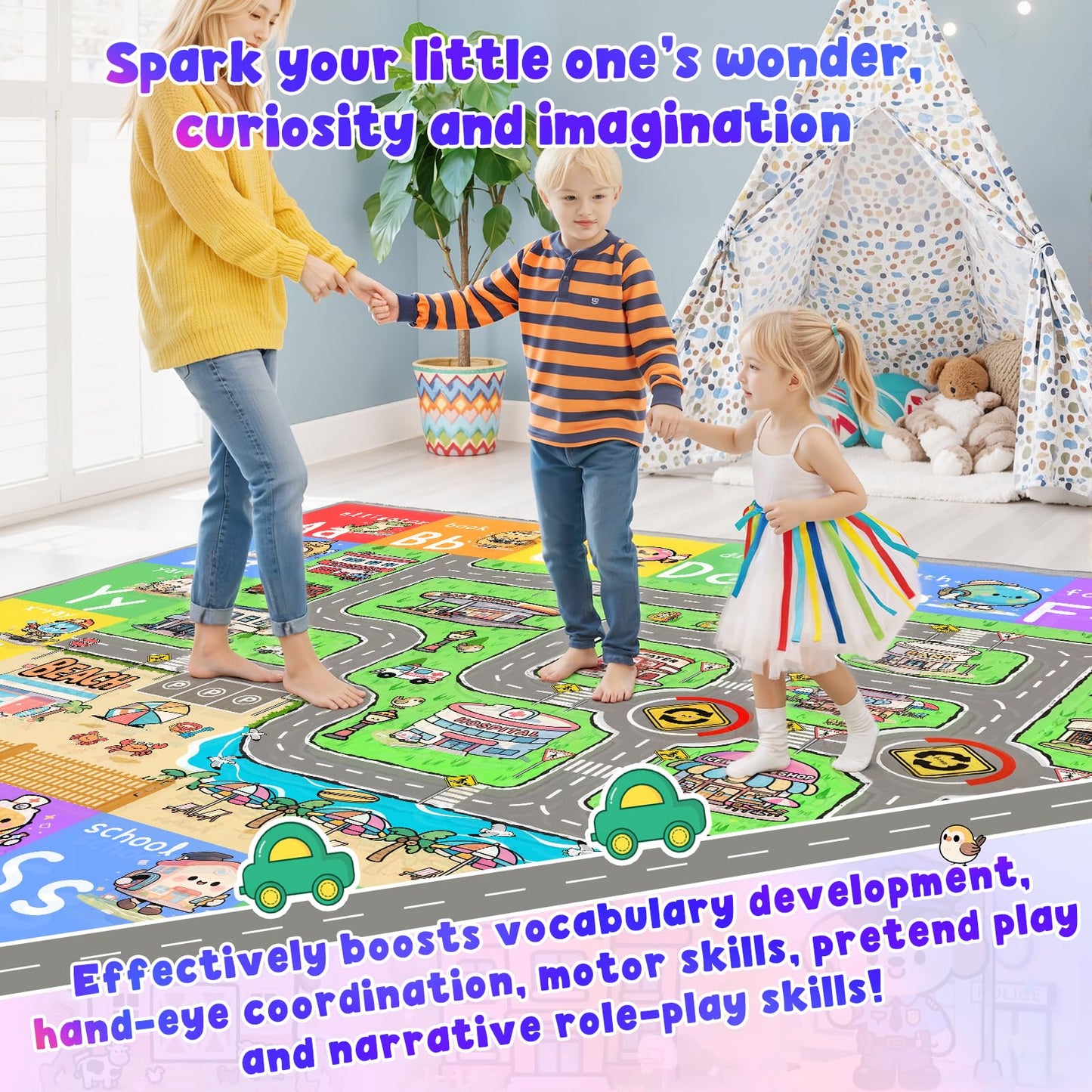 Kids Car Rug for Playroom, Bedroom, Classroom, 8x10 Kids Play Mat with Road, ABC, Buildings, Car Road Carpet, Educational Toddler Rug for Boys, Girls