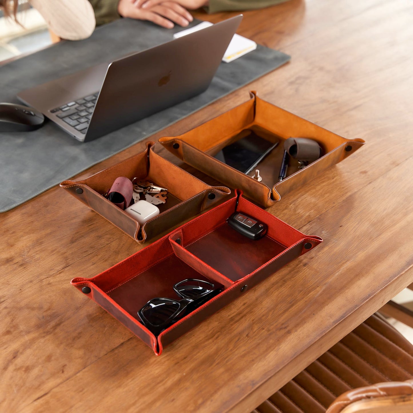 MayaCraft Handmade Leather Catch All Tray and Organizer for Keys, Phones, Jewels, Coins, Rectangular, Choco Brown