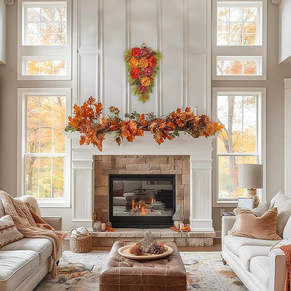 Fall Teardrop Swag with Peonies – 23.6 Inch Artificial Hanging Floral Wreath with Berries & Leaves for Thanksgiving Autumn Decoration