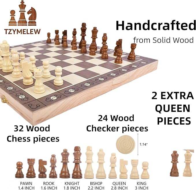 15 Inch Wooden Magnetic Chess Set with Folding Board &amp Storage – Includes Checkers Fun Strategy Game for Kids and Adults Great for Family Game Night