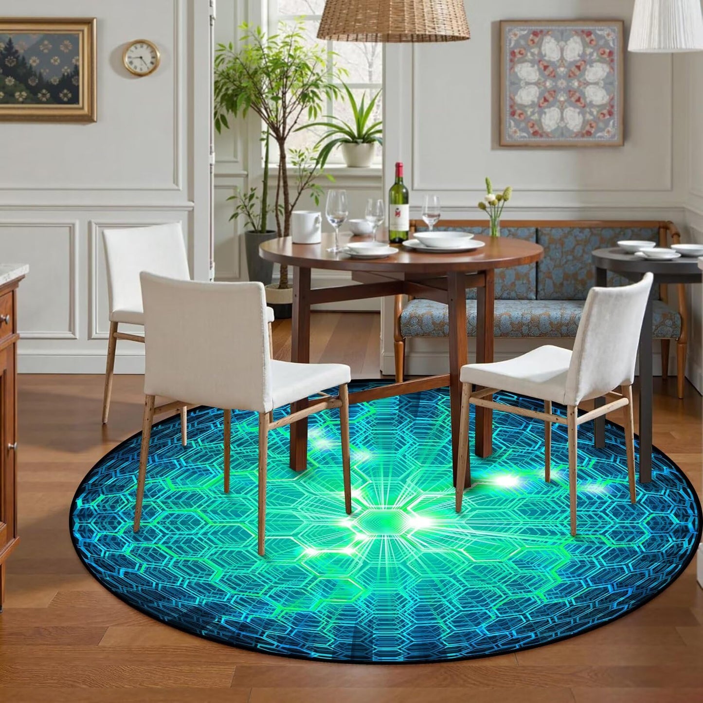DJNEAR Geometric Round Rug 6ft 3D Honeycomb Circle Area Rugs Modern Aesthetic Carpet Living Dining Room Bedroom Throw Rugs Floor Mat Doormat Home Decor, Teal