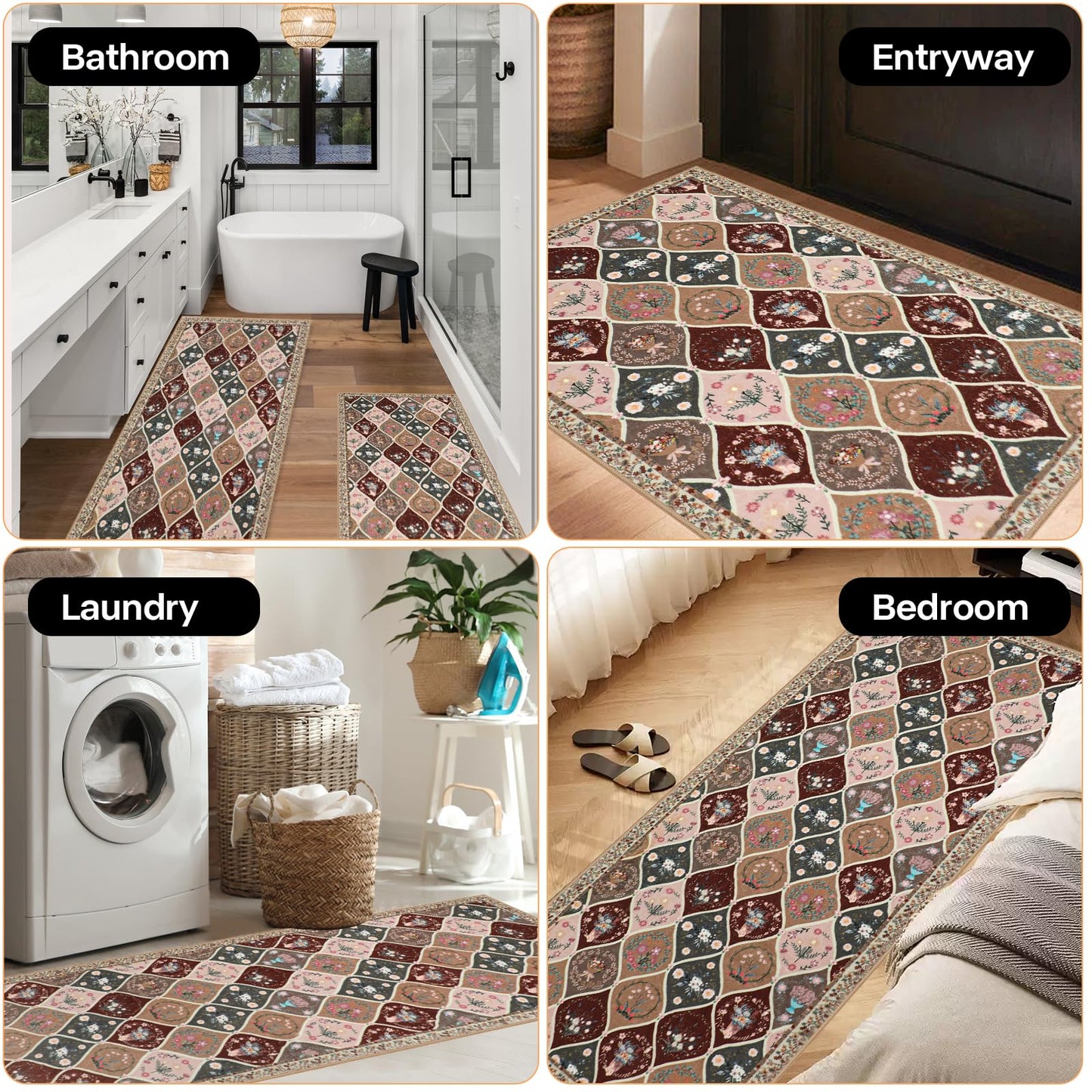 PCSWEET HOME Moroccan Trellis Kitchen Rugs Sets of 3 Non Slip Kitchen Rugs and Mats Washable Indoor Door Mat Floral Kitchen Floor Mat Carpet Runner Rugs for Hallway Laundry Room, Brown