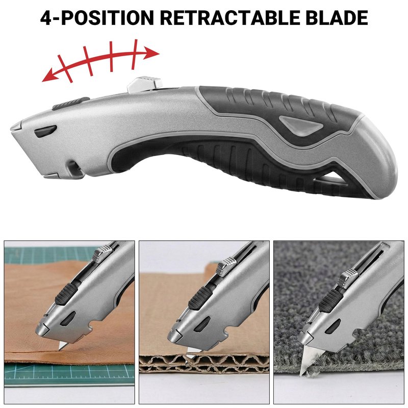Box Cutter Retractable with Built-In Blade Storage & Wire Stripper, Heavy-Duty Utility Knife safety, Metal Alloy Body, Ergonomic Non-Slip Rubber Grip, Quick Change Blade Razor Knife (Matte Gray)