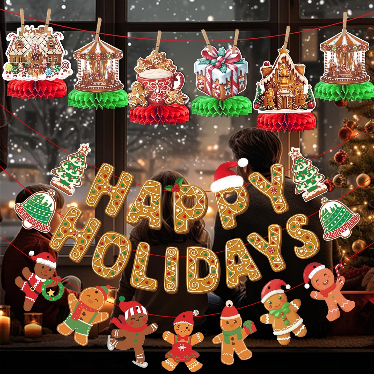 Happy Holidays Banner and Decorations - Gingerbread Christmas Banner and Decorations for Holidays
