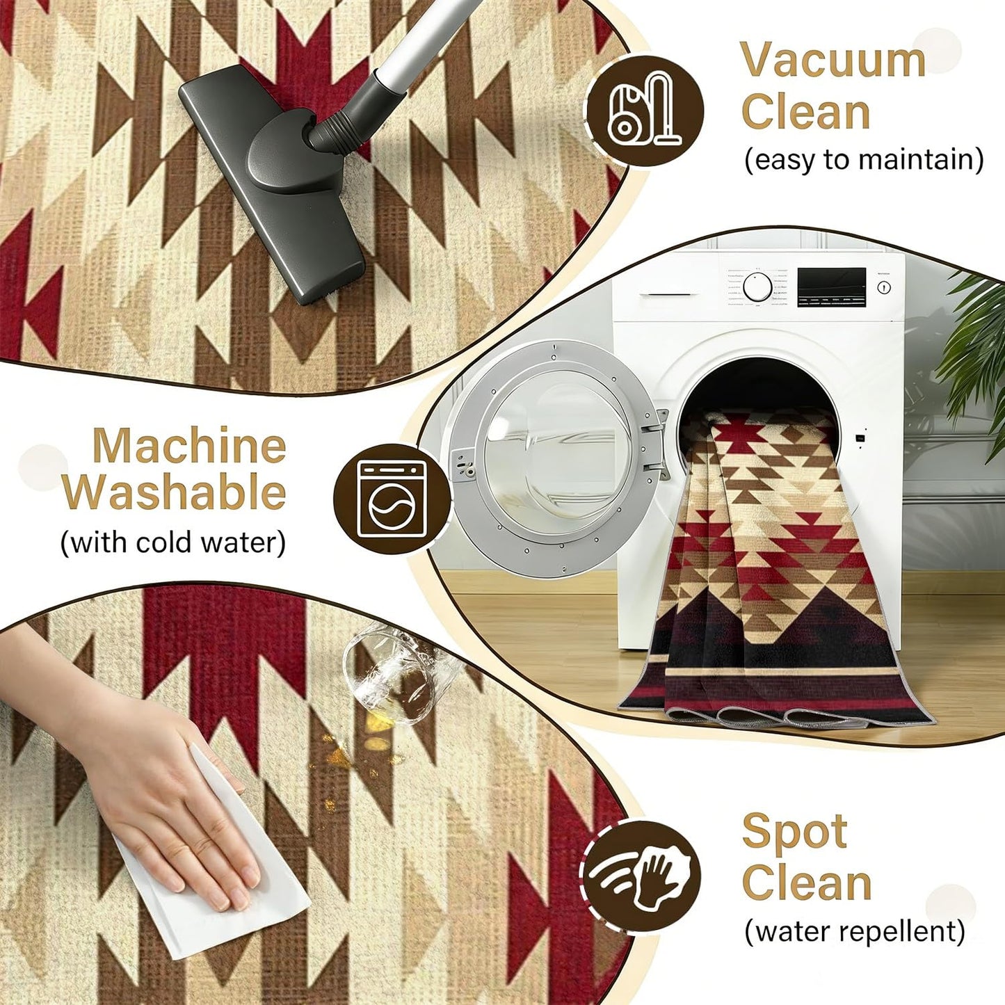 Boho Style Western Rug, 3x5ft,Country Farmhouse Retro Cabin Area Rugs, Non-Slip, Soft and Washable Southwestern Aztec Native Geometric Carpet, for Bedroom, Living Room Beige, Green, Red