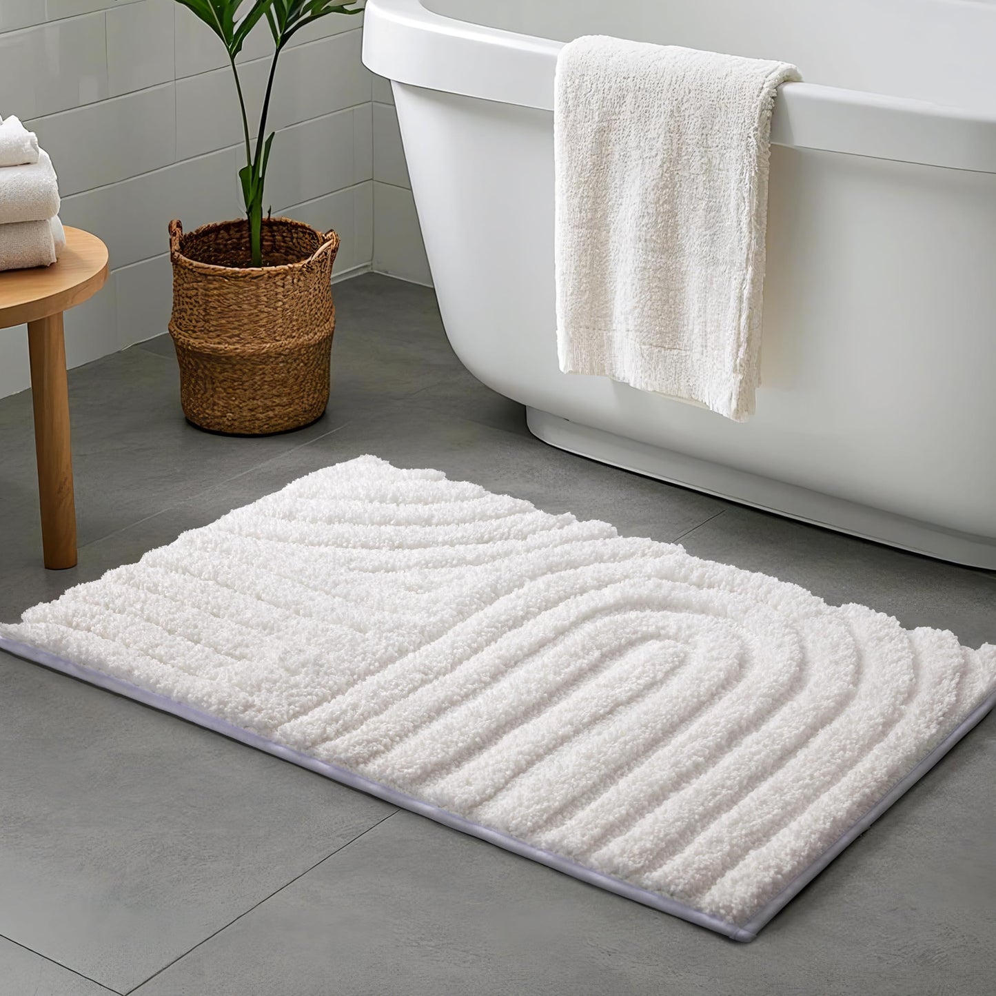 Sunlit 20"x30" Boho Decorative Textured Bathroom Rug Mat, Mid Century Modern Non-Slip Absorbent Soft Bath Mat, Organic Modern Floor Mat Dry Fast Machine Washable, White