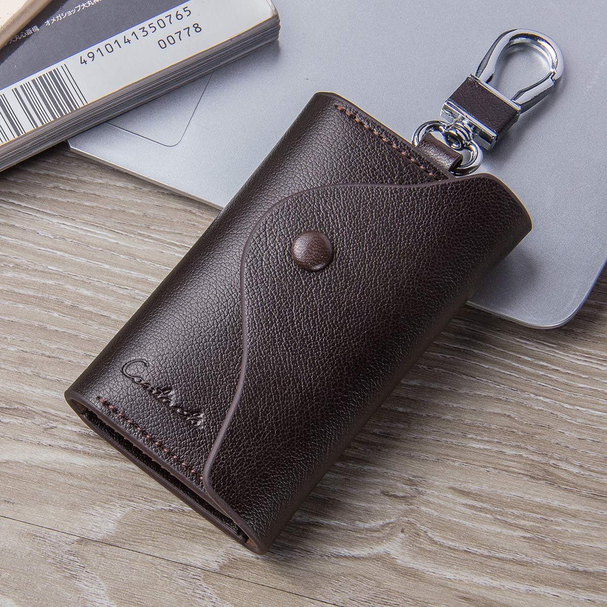 Leather Car Keychain Wallet Bag Case For Key Chains Holder, Mens Genuine Leather Car Key Case Card ID Holder Wallet Keyring Keychain