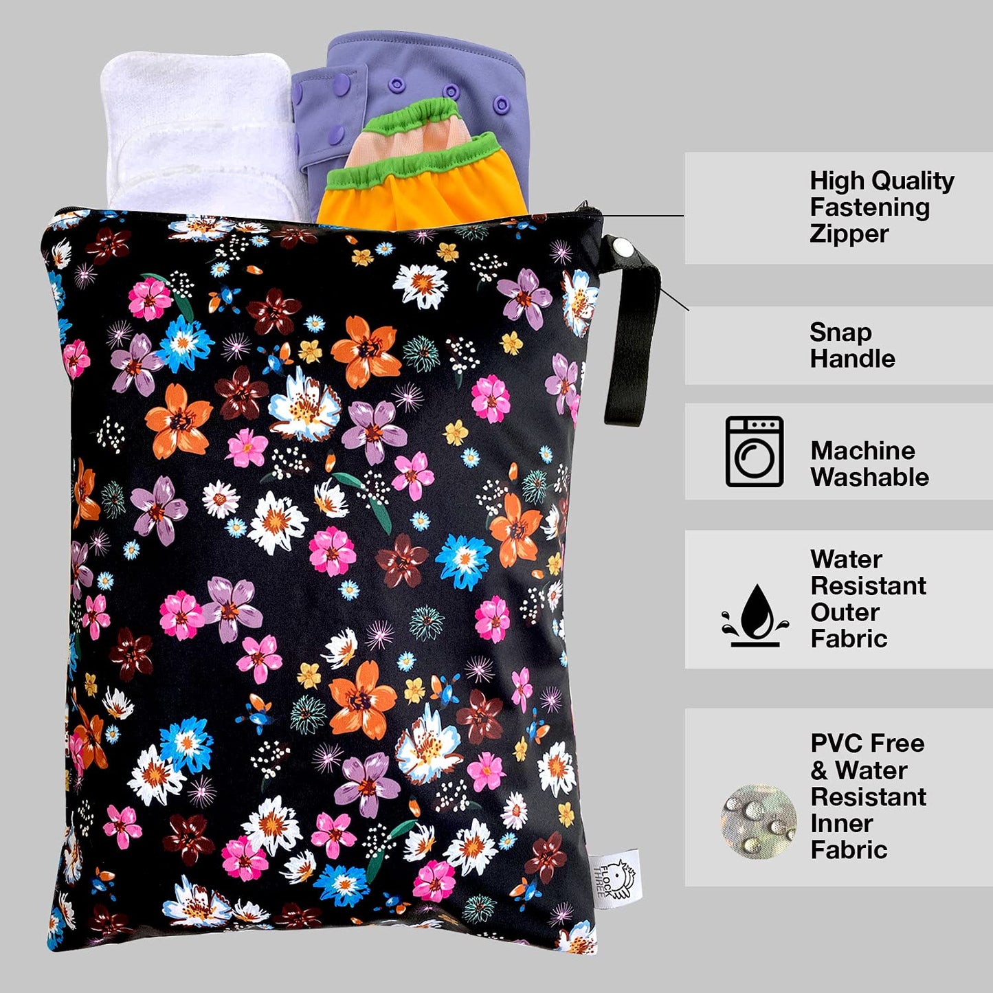 FLOCK THREE Washable and Reusable Wet Bag Diaper Bag Water Resistant Swimming Bag Pouch, Yoga Gym Bag Floral Print, 12.6'' x 16.5''