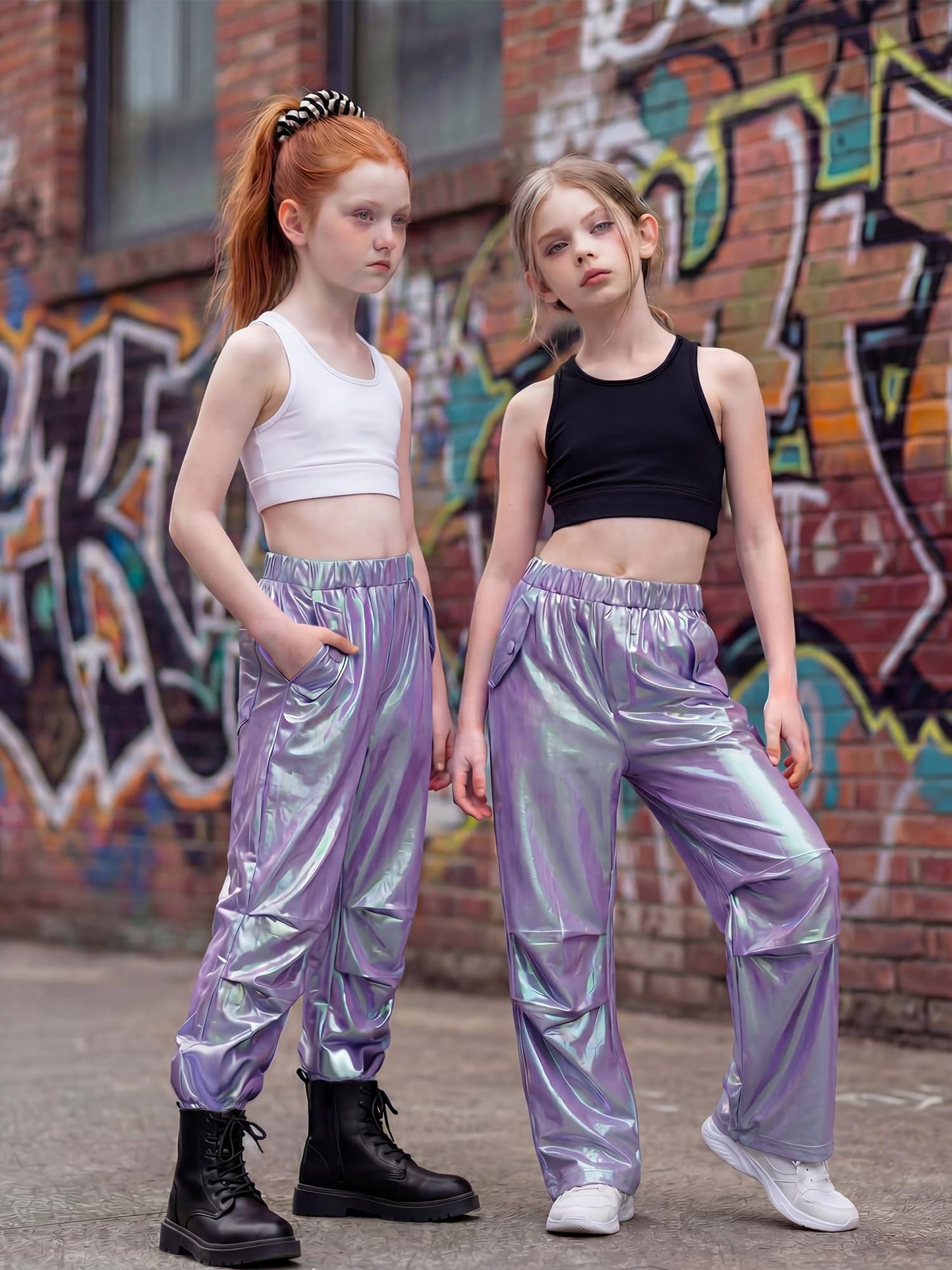 Stelle Girls Metallic Cargo Pants Shiny Hip Hop Dance Joggers Sparkly Stretchy Wide Leg Street Pants for Kids,Iridescent Purple,8-9 Years