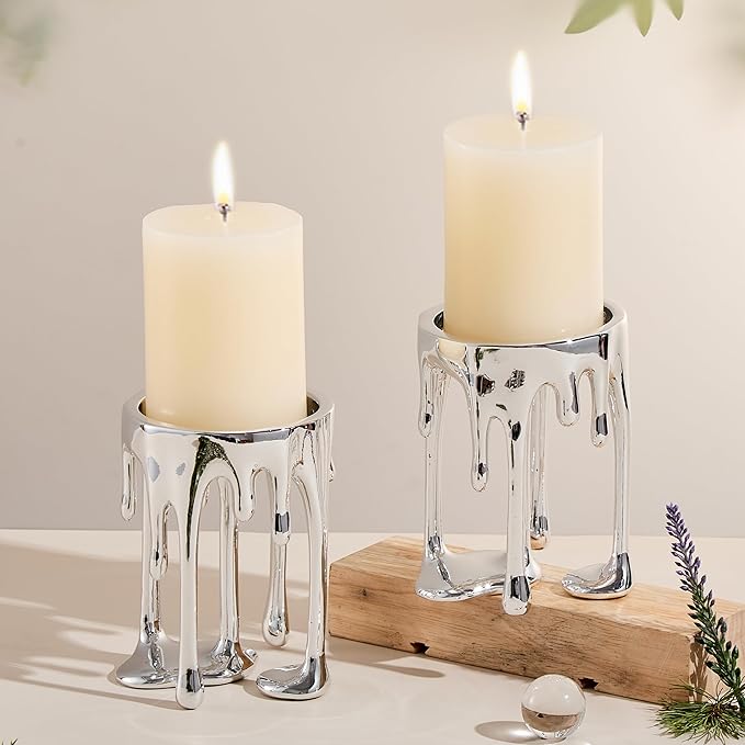 Decorative Candle Holders Set of 2 – Melting Drip Candle Stand for Pillar Candles – Sculptural Fireplace Decor, Gothic Table Centerpiece, Unique Home Accent(Silver, Set of 2)