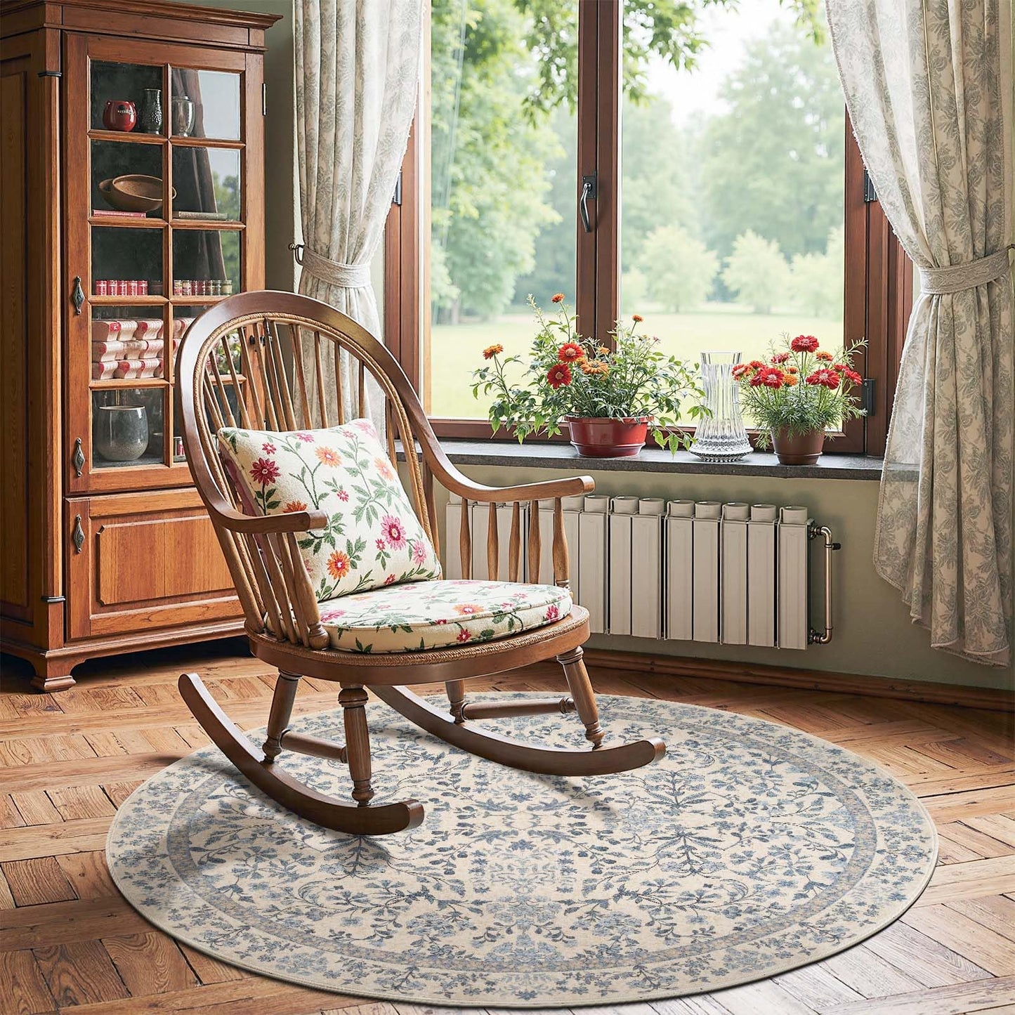 jinchan Zenith Round Rug 4ft Area Rug Soft 4'Round Floral Aesthetic Rug Non-Slip Low-Pile Machine Washable Carpet for Entryway Bedroom Kids Room Kitchen College Dorm Blue/Cream