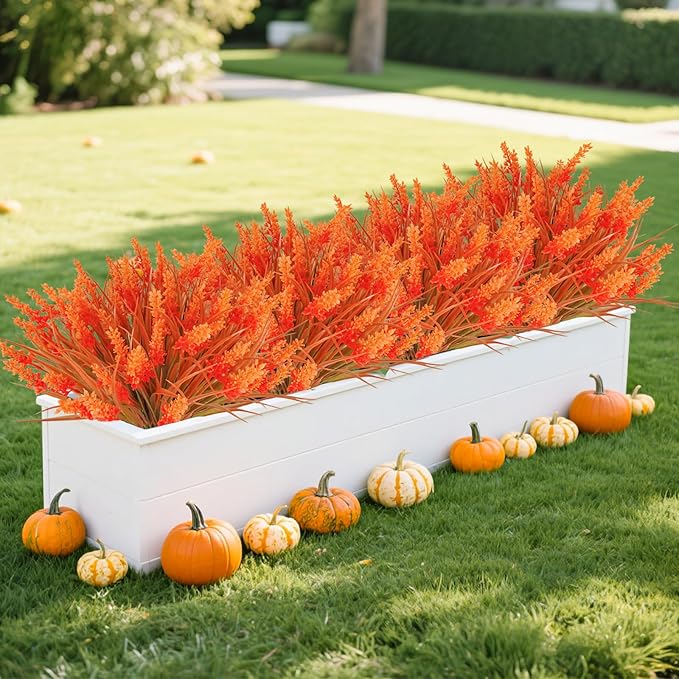36 Bundles Artificial Fall Flowers Outdoors Fake Fall Lavender Flowers UV Resistant No Fade Plastic Faux Fall Plants for Indoor Home Porch Autumn Thanksgiving Fall Decorations (Orange)