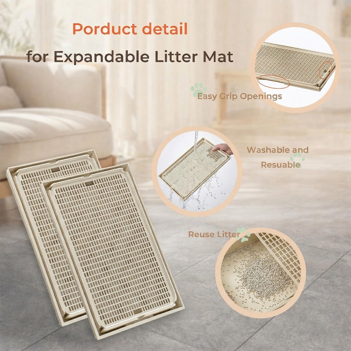 BonHautier 2 Pcs Cat Litter Mat, Double Layer Litter Trapping Mat with Connectable Design, Waterproof Urine Proof Cat Mat, Easy Clean Litter Box Mat for Indoor Cats (Khaki)
