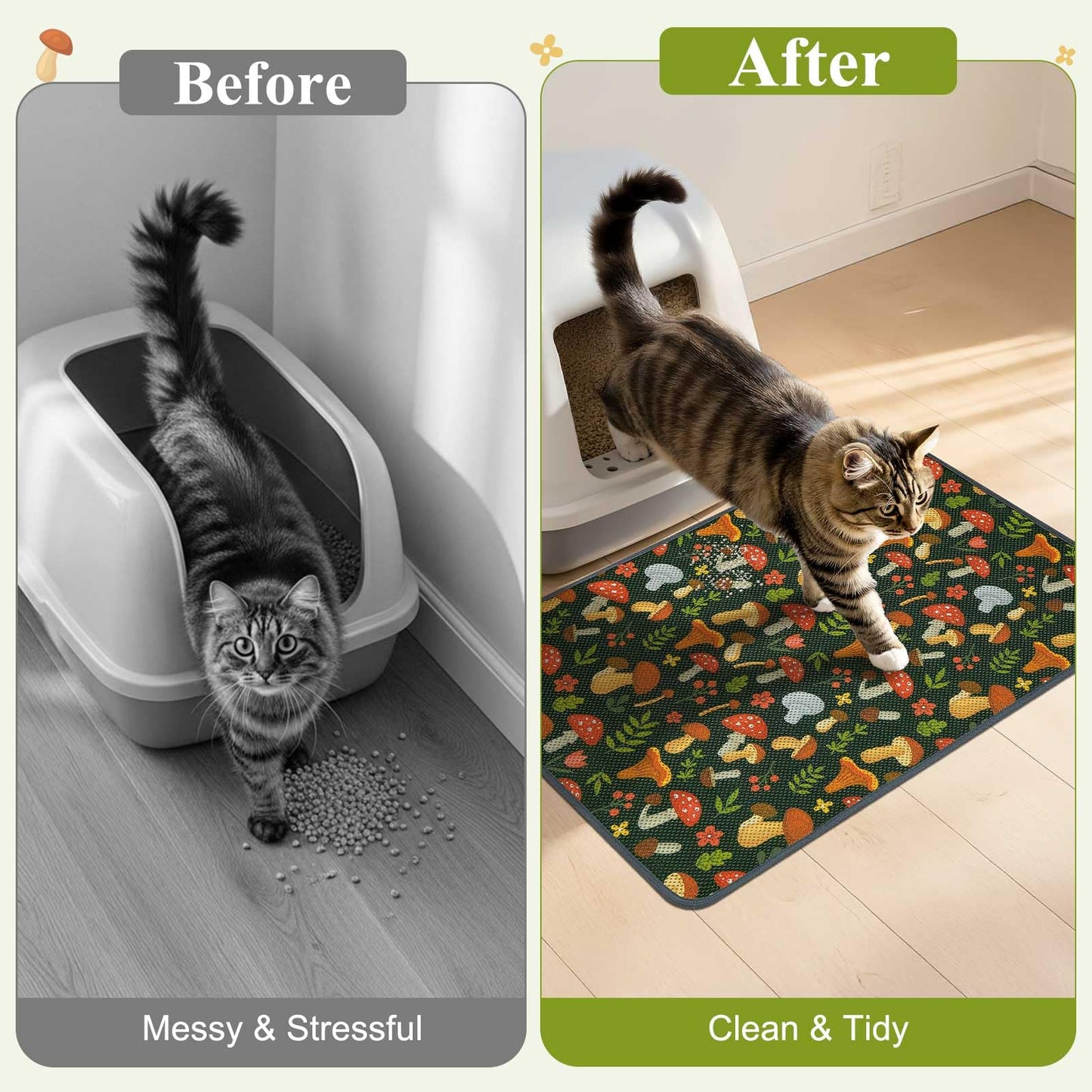 Unicorn Catcher 40X30in Cat Litter Mat Machine Washable Soft 3D Air Mesh Litter Box Rug Non-Slip Backing Quick Dry Scatter Control for Paws,Green Mushrooms