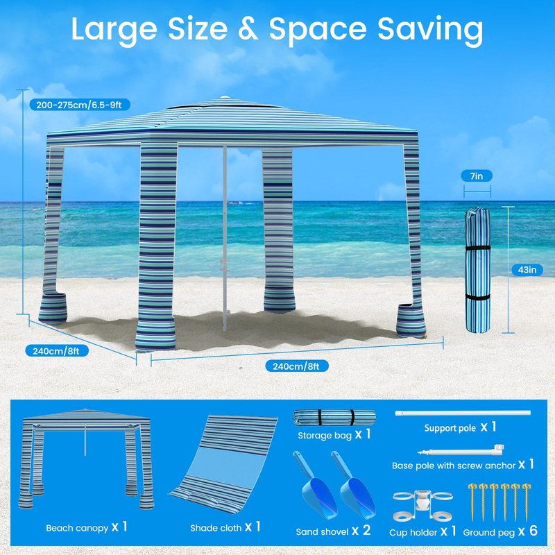 MoKo Beach Cabana, 8'×8' Large Beach Canopy with Side Wall, UPF 50+ Protection Easy Setup Beach Tent Sun Shelter, Adjustable Height Wind Resistant Cabana Beach Tent for Whole Family, Blue-Green Stripe