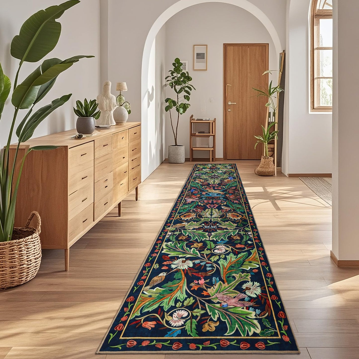 nesrt Botanical Runners for Hallways Kitchen Rug Non Slip 2x10, Long Washable Boho Jungle Runner Rugs, Soft Floral Forest Birds Carpet Runner for Hall, Laundry, Bedroom, Bathroom (Dark Green)