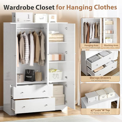 VINGLI Armoire Wardrobe Closet with Doors and Mirror,47"W Wardrobe Cabinet Wooden with Hanging Rod & Shelves Inside, 4 Door Bedroom Armoires with Drawers, Modern White Freestanding Armoire for Bedroom