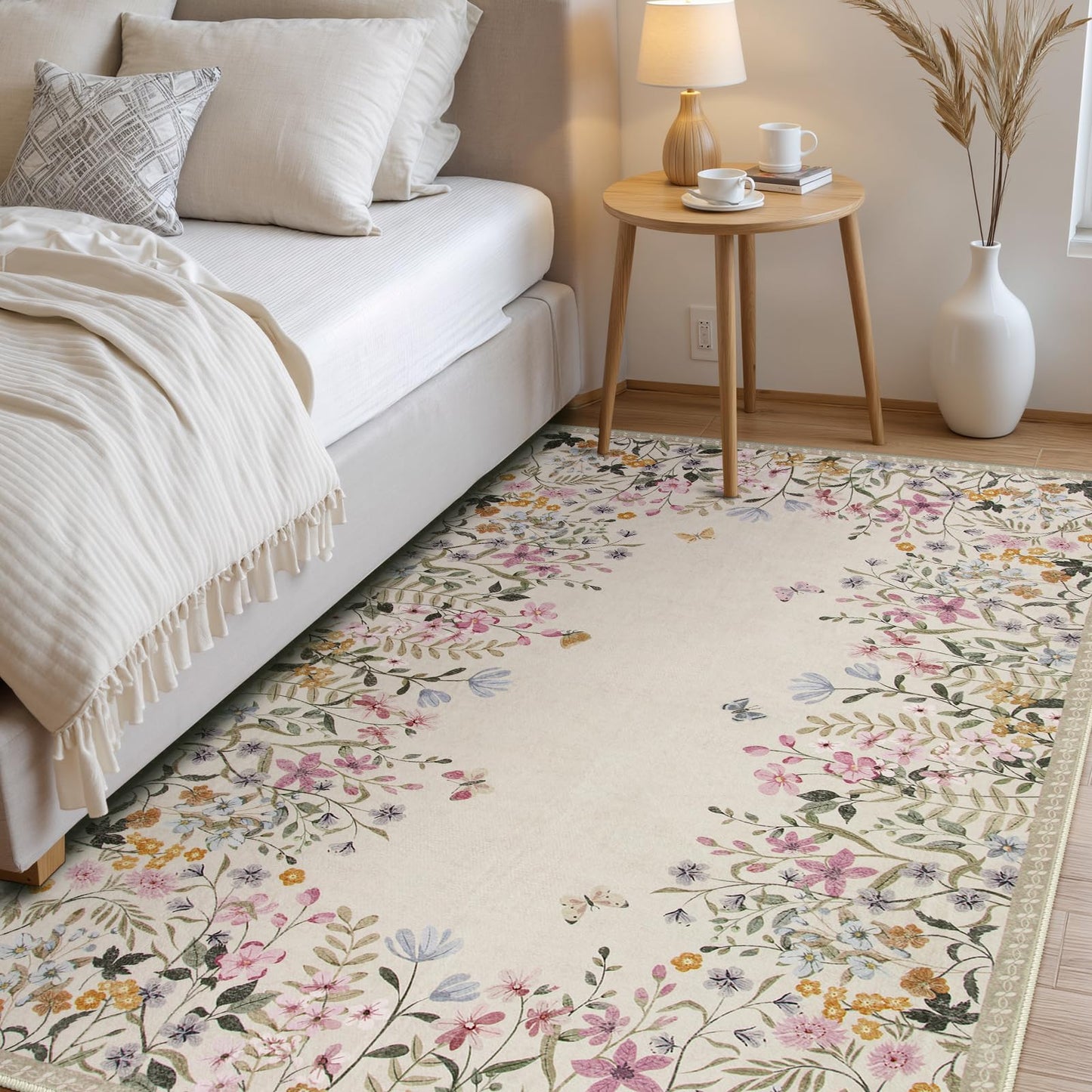 Wonnitar 4x6 Washable Area Rug, Boho Floral Bedroom Rug, Botanical Carpet for Nursery, Beige Non Slip Office Rug, Farmhouse Kitchen Kids Playroom Decor (4x6 Beige)