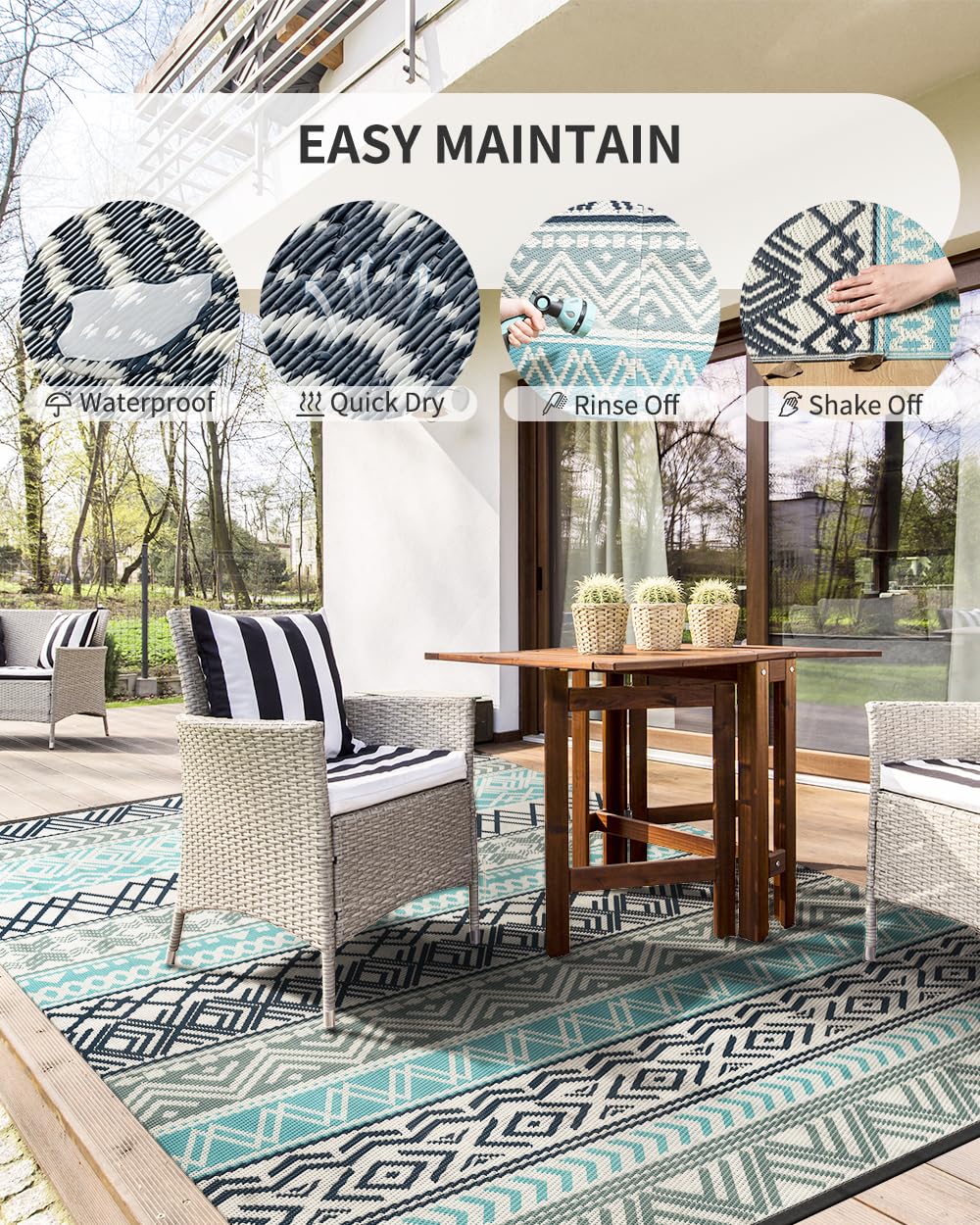 MontVoo Outdoor Rug Carpet Waterproof-Patio Rug Mat 5x8 Reversible RV Outdoor Camping Rugs Picnic Beach Mats Plastic Straw Outside Rugs for Balcony Porch Pool Deck Boho Patio Decor