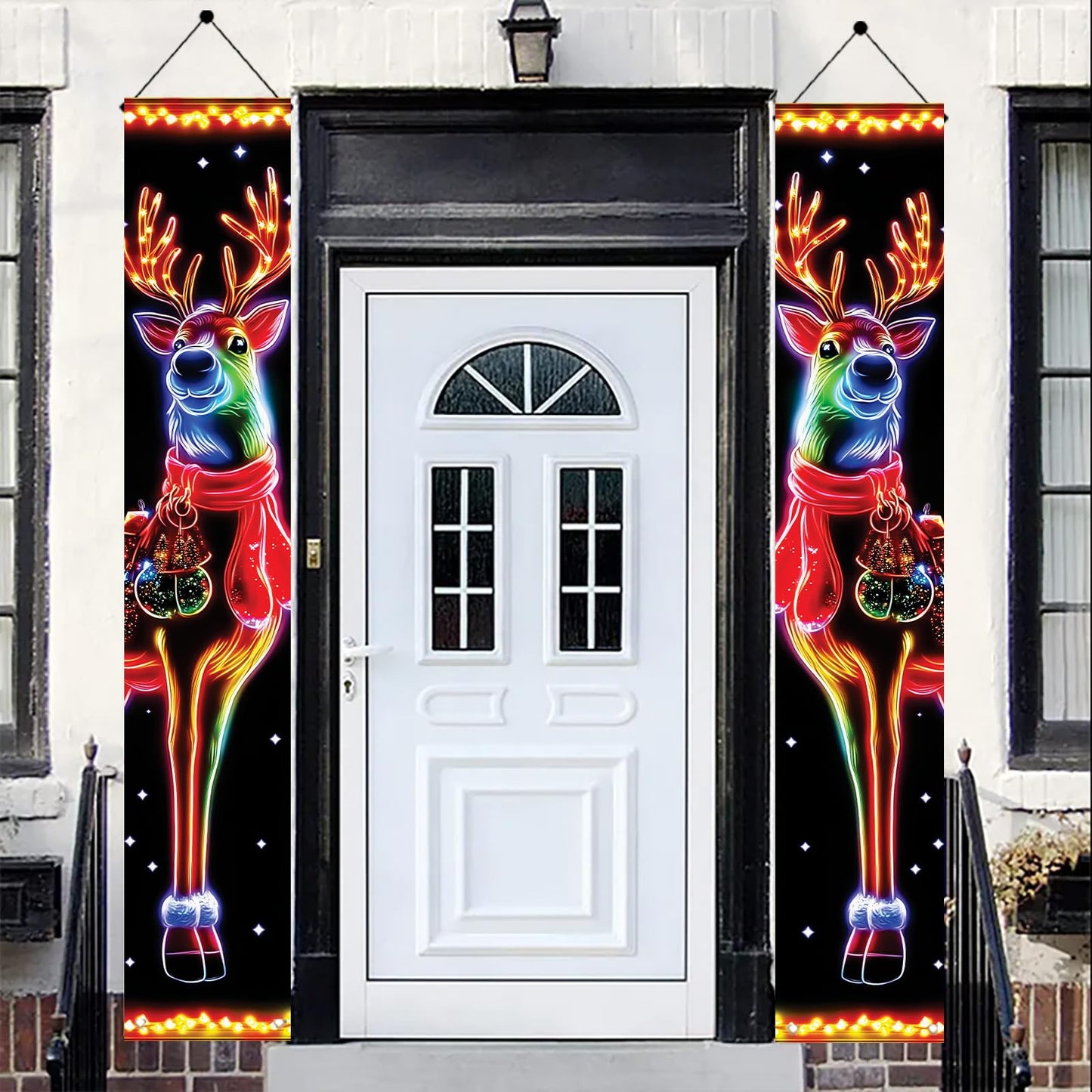 Saoplasa 2PCS Christmas Porch Banners 71 x 12 Inch Neon Reindeer Holiday Door Decorations LED Style Lighted Outdoor Hanging Signs for Xmas Party Front Entryway Yard Wall Festive Winter Welcome Display