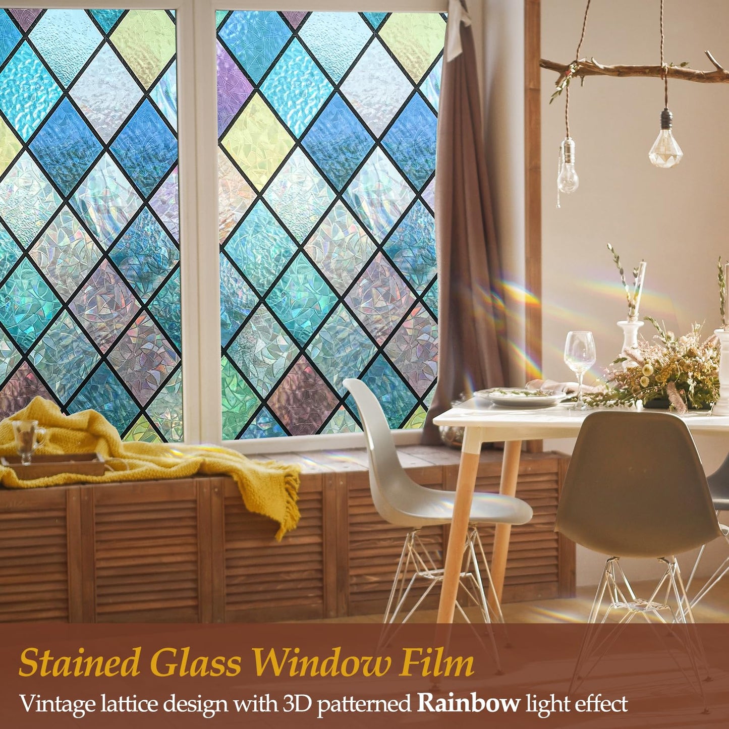 Niviy Stained Glass Window Film Tint, Privacy Film for Glass Windows Vinyl Non Adhesive Anti UV for Home Office 17.7 x 157.4 inches