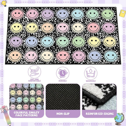 7.6x12 ft Large Smile Face Classroom Rug Happy Face Educational Area Mat Composition Notebook Play Carpet Back to School Learning Mat for Preschool Playroom Nursery Kindergarten(Black and White)