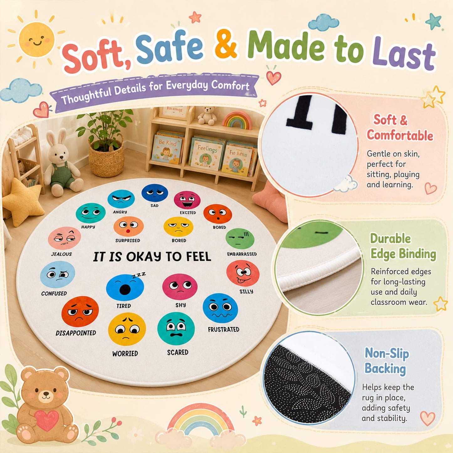 Breling 6 ft Round Calming Corner Rug for Classroom, Feelings Chart Emotion Mat, SEL Circle Time Rug for Kids, Soft Washable Non Slip Sensory Mat Reading Nook Preschool Homeschool Playroom