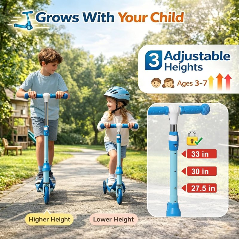 Kids Scooter for Ages 3-7 | Three-Wheel Toddler Kick Scooter with Light-Up Wheels, Adjustable Handlebar & Anti-Slip Deck - Blue