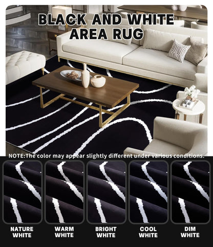 YIHOUSE Black Modern Area Rug 6x9,Abstract Rugs for Bedroom,Black and White Geometric Rug,Minimalist Wave Rug,Dark Washable Area Rugs 6x9 Non Slip Rugs for Living Room，Office