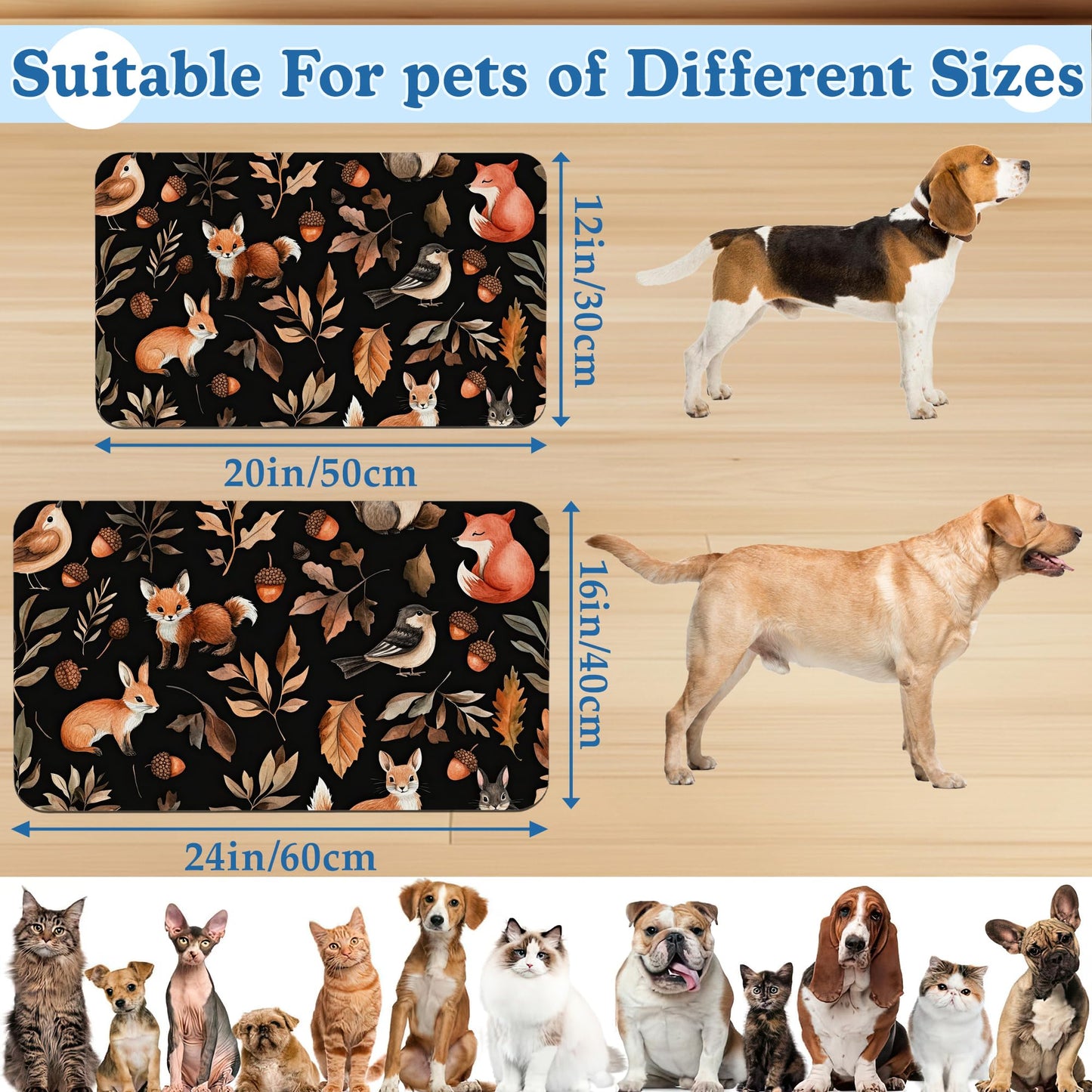 Wild Forest Animals Pet Feeding Mat–Quick Dry Absorbent Dog Cat Food Mat, Non Slip Waterproof Bowl Placemat for Messy Eaters, Pet Accessories for Floors 12"x20"