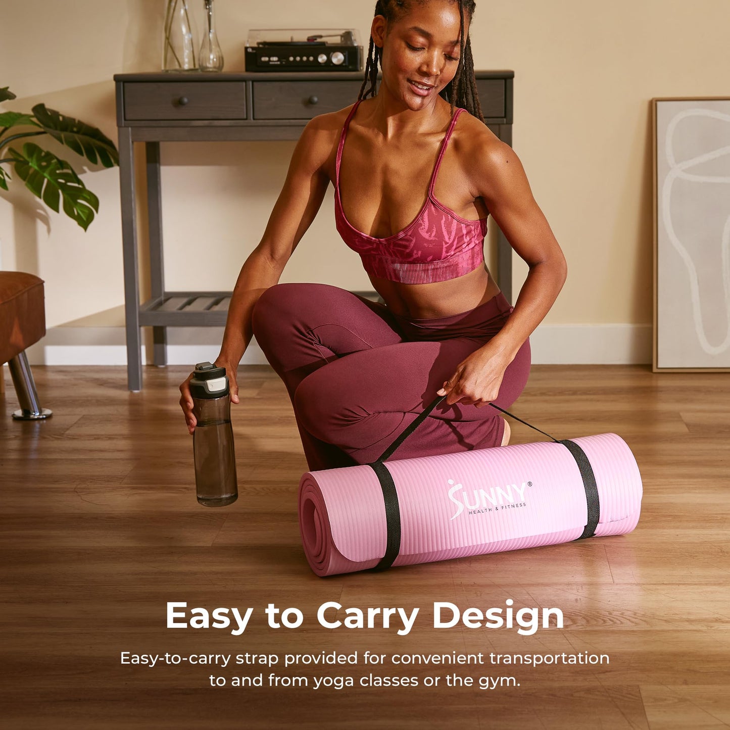 Sunny Health & Fitness Premium 1/2-Inch Extra Thick Exercise Yoga Mat Non-Slip High Density Pilates and Floor Workout Elastic Strap Portable with Carrying Strap - Pink - 74 x 24 Inches - SF-EM03-PK