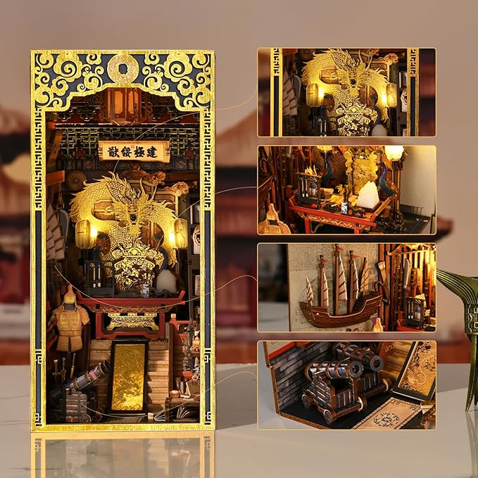 Book Nook Kit DIY Dollhouse Booknook Book Nook Miniature Kit for Bookshelf Insert Decor Crafts for Adults Teen Halloween 3D Wooden Puzzle with Led Light (The Emperor's Study)