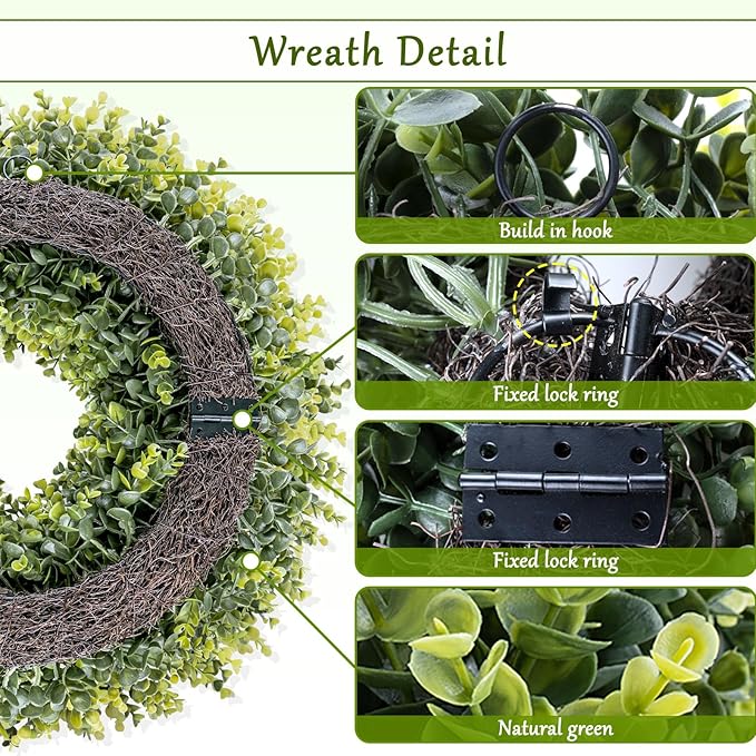 24 Inch Large Boxwoods Green Spring Artificial Wreath for Front Door, Year Round Spring Summer Winter Wreaths for Wall Window Porch Home Farmhouse Wedding Outdoor Outside Indoor Decorations