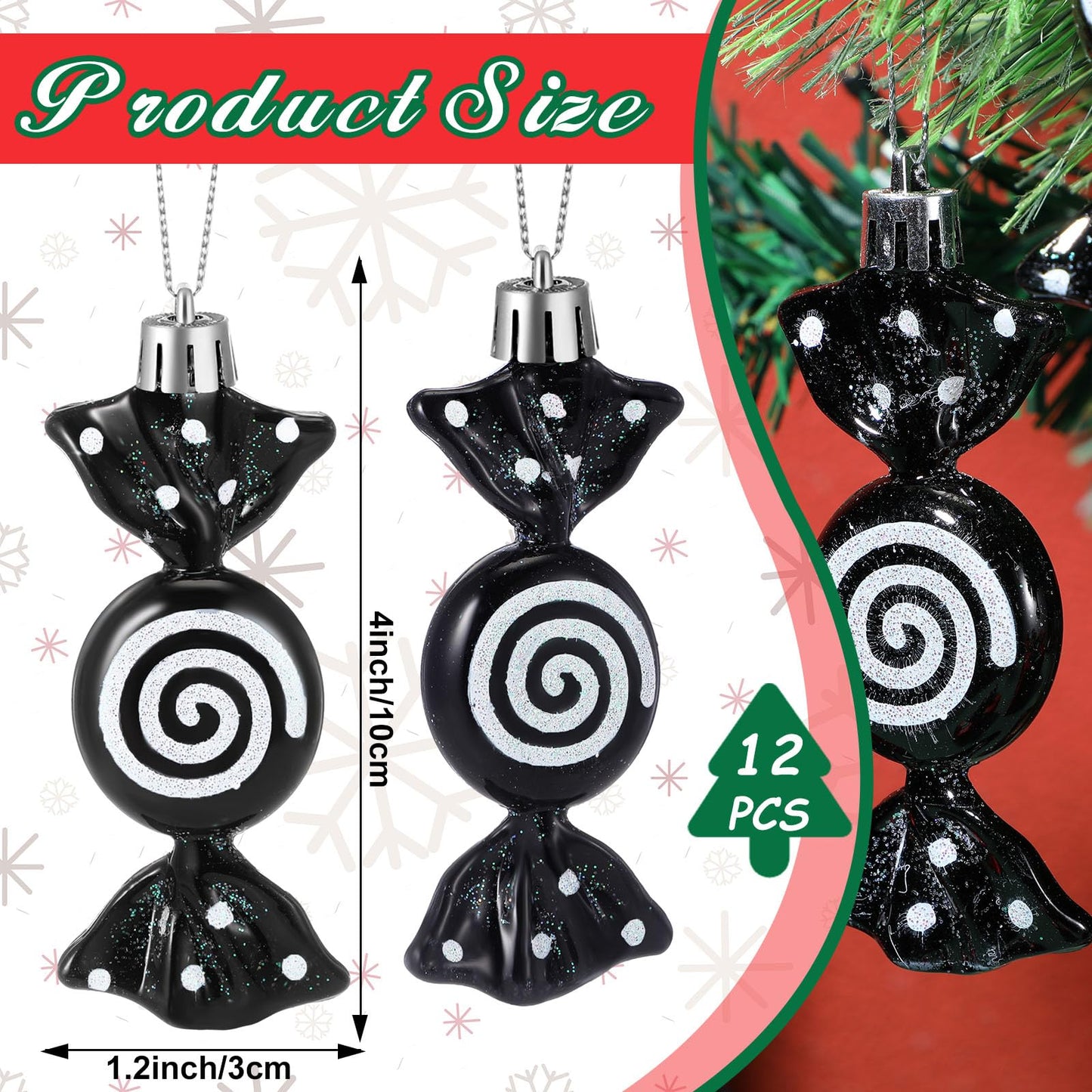Threan 12 Pcs Christmas Candy Ornaments for Tree Decoration Hanging Glitter Candy Cane Christmas Peppermint Ornament with Golden Rope for Xmas Holiday Decoration(Black,Plastic)