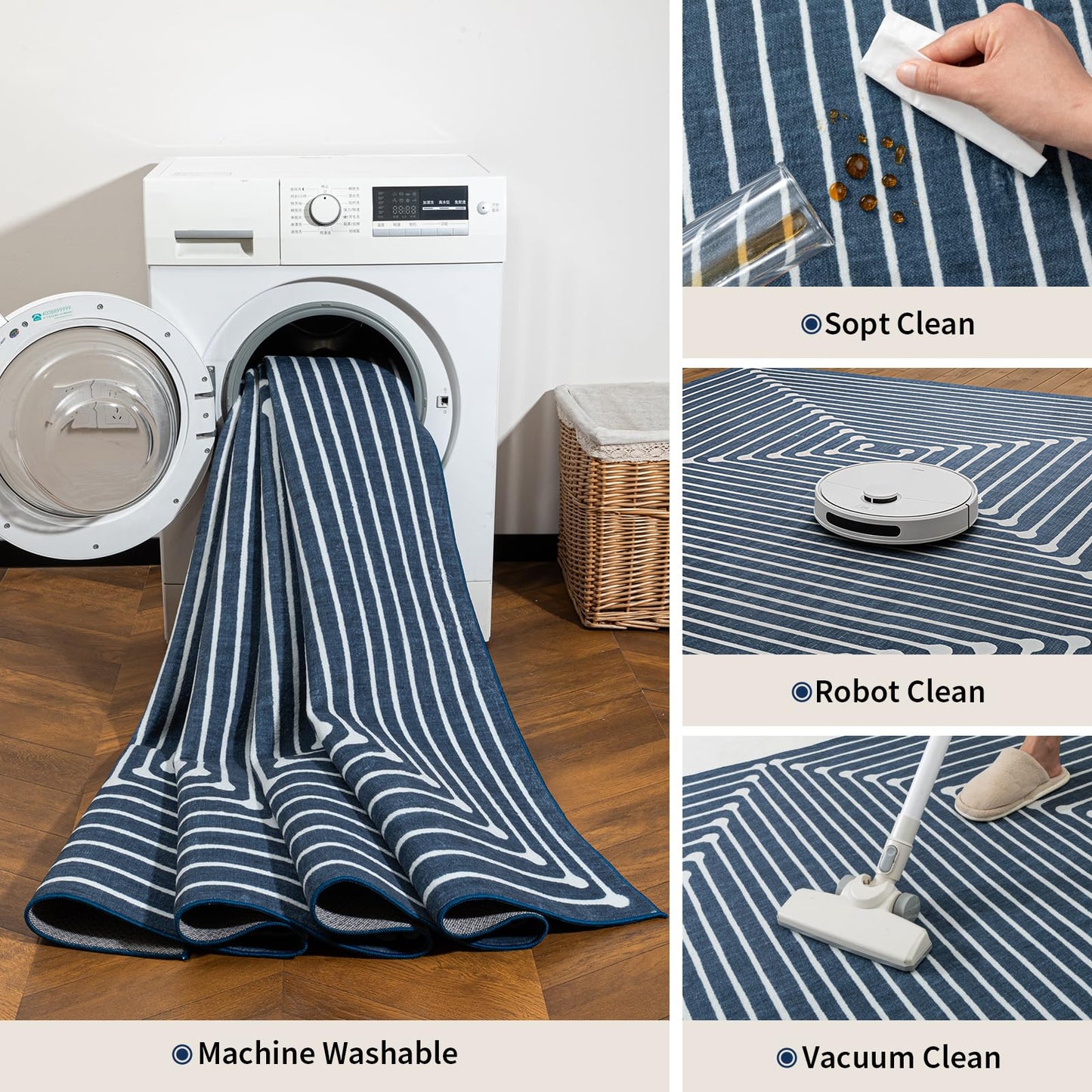 YIHOUSE Washable 5x7 Area Rugs for Living Room, Navy Blue Striped Rug for Bedroom Playroom Non Slip Low Pile, Soft Modern Geometric Carpet for Entryway Home Office Decor