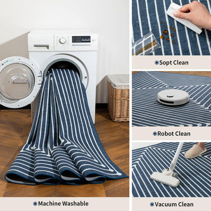 YIHOUSE Washable 5x7 Area Rugs for Living Room, Navy Blue Striped Rug for Bedroom Playroom Non Slip Low Pile, Soft Modern Geometric Carpet for Entryway Home Office Decor