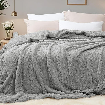 PHF Fluffy Sherpa Blanket King Size for Winter, Warm and Soft, 510GSM 3D Jacquard Thick Shaggy Fleece Plush Blanket for Sofa Bed, Grey, 108"x90"
