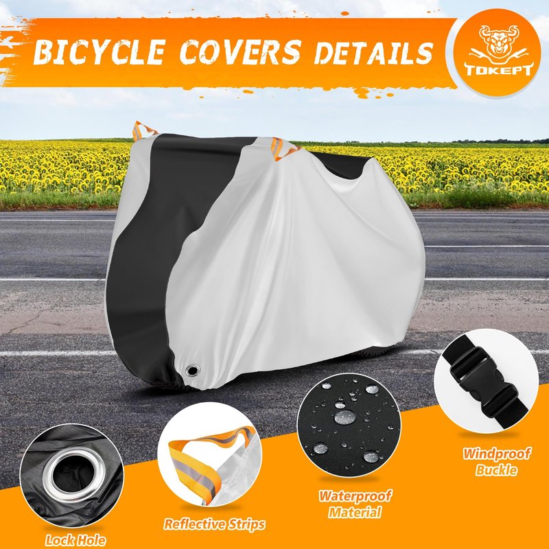 Bike Cover, Outdoor Waterproof Bicycle Cover for Rain /Sun /Dust /Wind Protection, Bicycle Accessories with Lock Hole and Storage Bag, Suitable for Mountain Road E-Bikes, Black/Silver (Fits 1-2 Bikes)