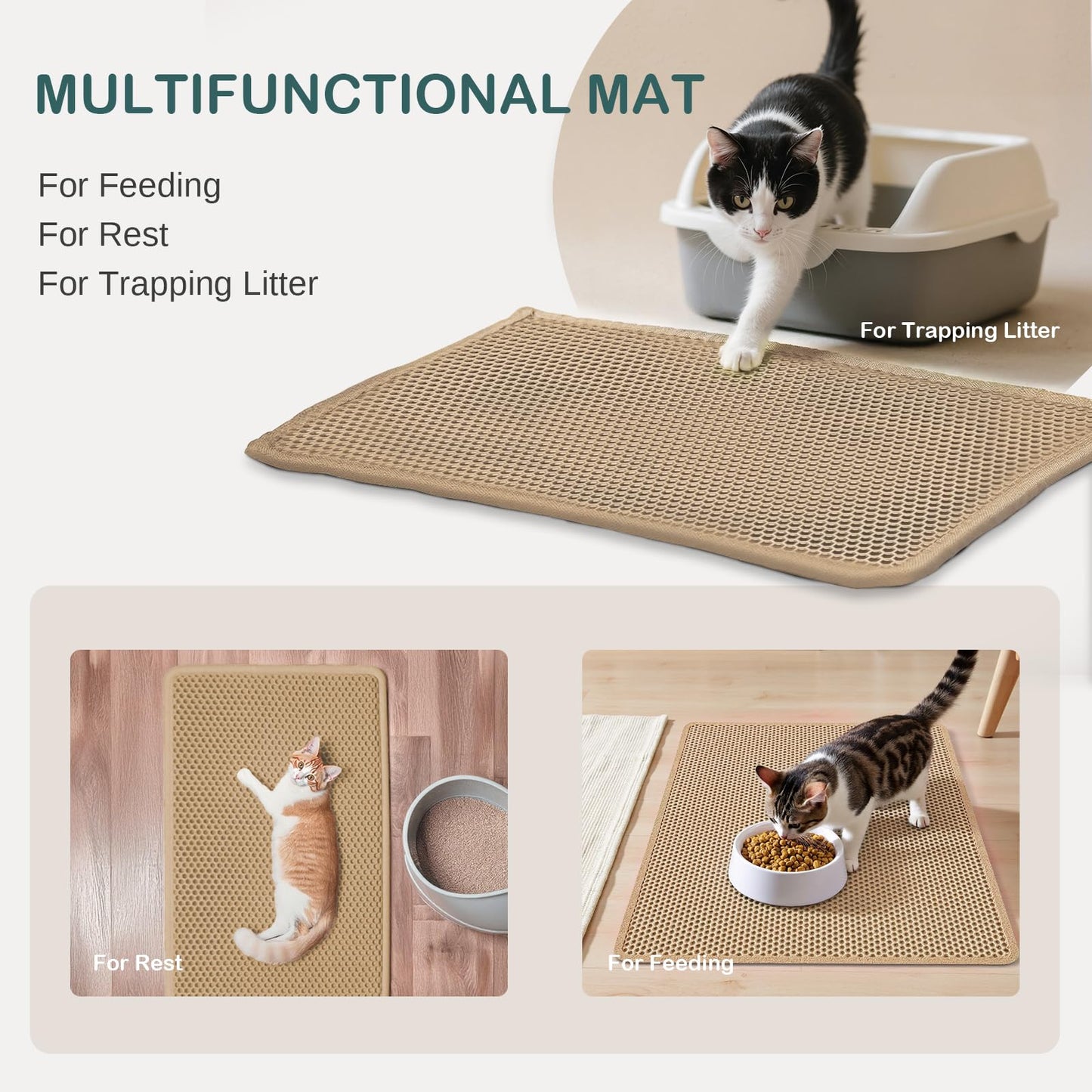 Ribnckly Cat Litter Trapping Mat, Double Layer Waterproof Proof Litter Box mat, Non-Slip Design, Easy to Clean, Beige Cat Box Mat 29.9'' x 24''Inch