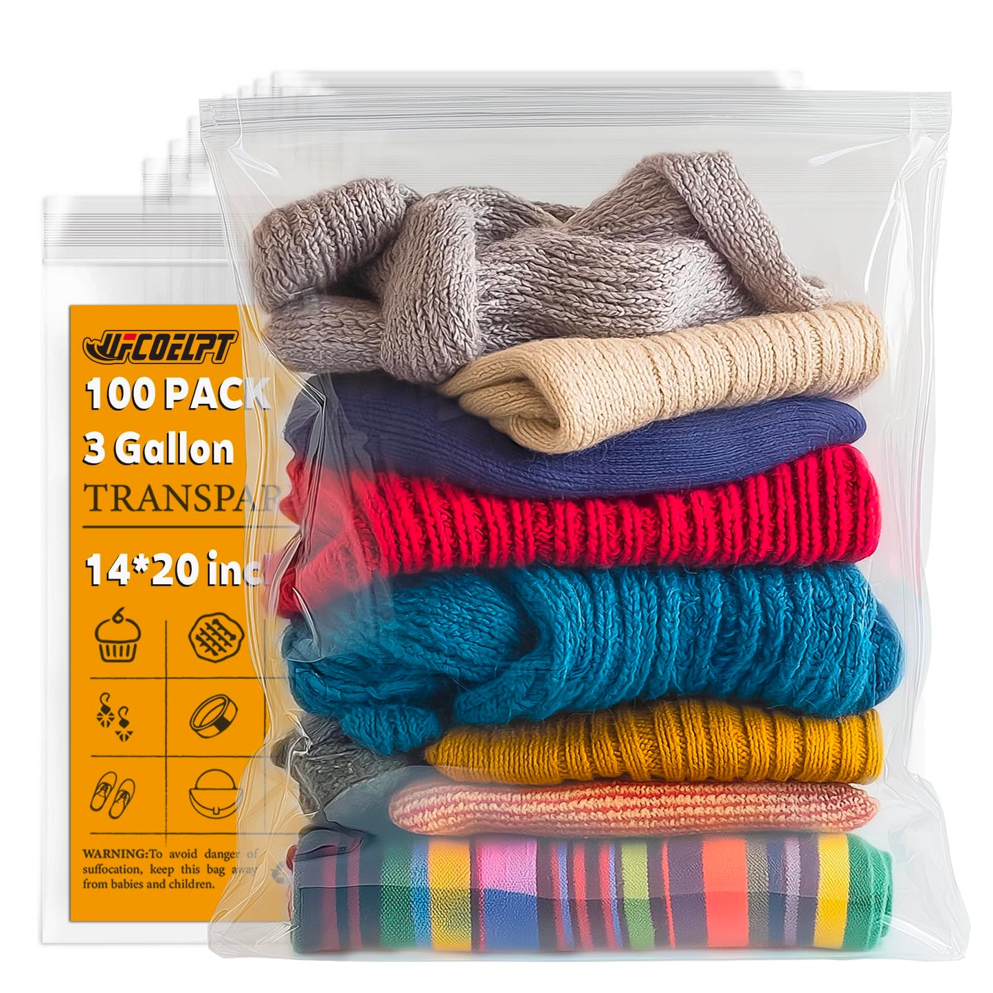 100 Count Large Zip Plastic Bags for Storage Bulk 14"×20", 3 Gallon | 2 mil Thick Reclosable Jumbo Bags for Household, Clothes, T-shirts Packing