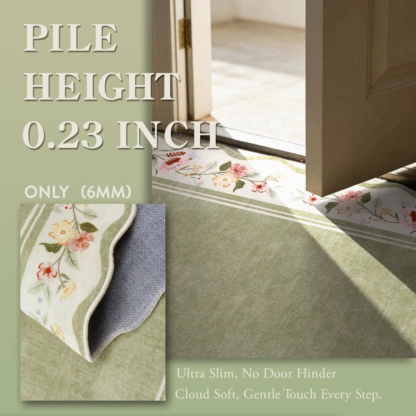 Lahome Floral 2'x 6' Washable Kitchen Runner Rug, Green Rug Runners for Hallways Non Slip, Scalloped Runner Rug Ultra-Thin Stain Resistant Boho Carpet for Entryway Bathroom Bedroom Ariele（Green，2x6ft）