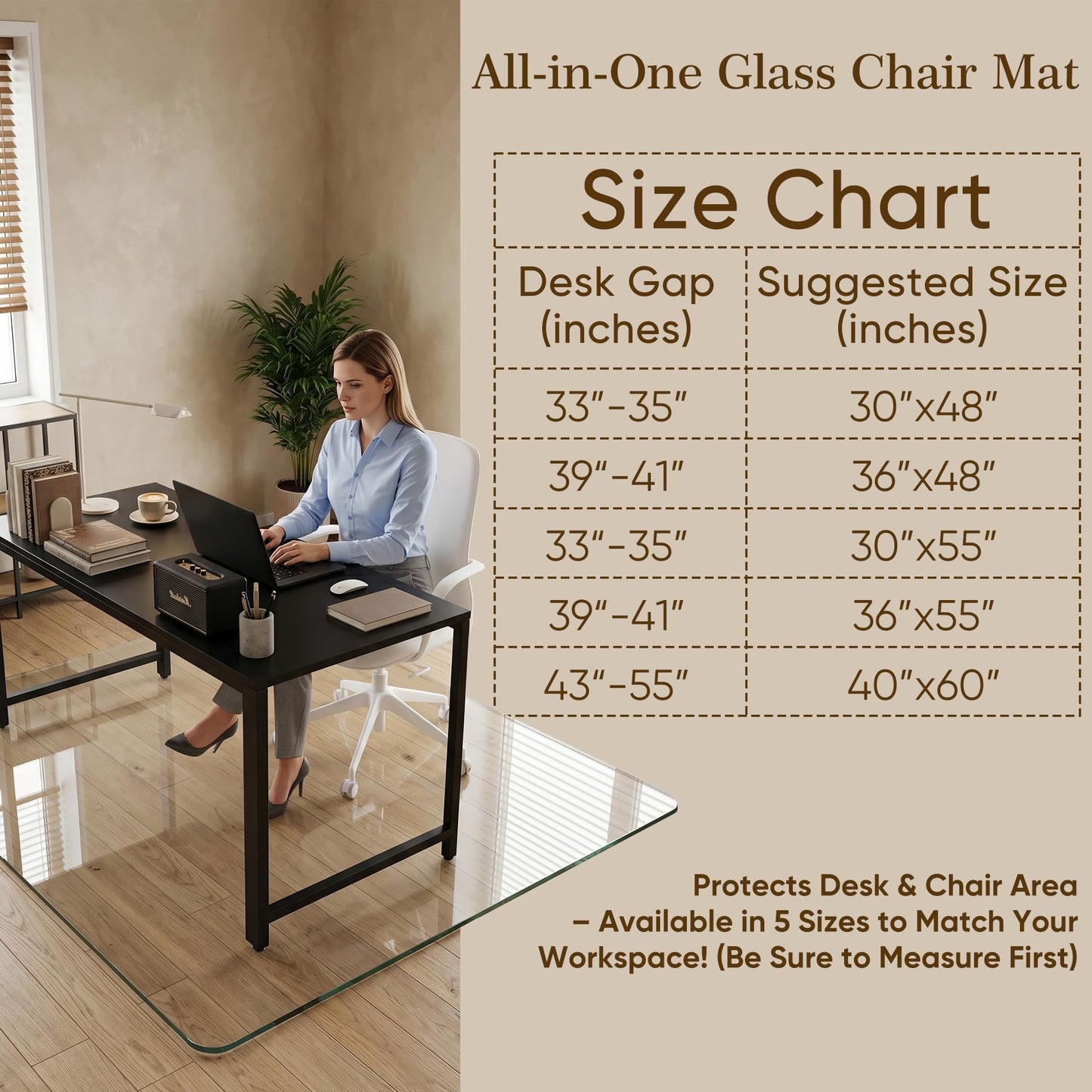 Homsion Tempered Glass Chair Mat for Hardwood Floor & Low Pile Carpet, 36" x 48" Heavy Duty Office Chair Mat with Non-Slip Pads, Scratch Resistant Floor Protector for Home Office