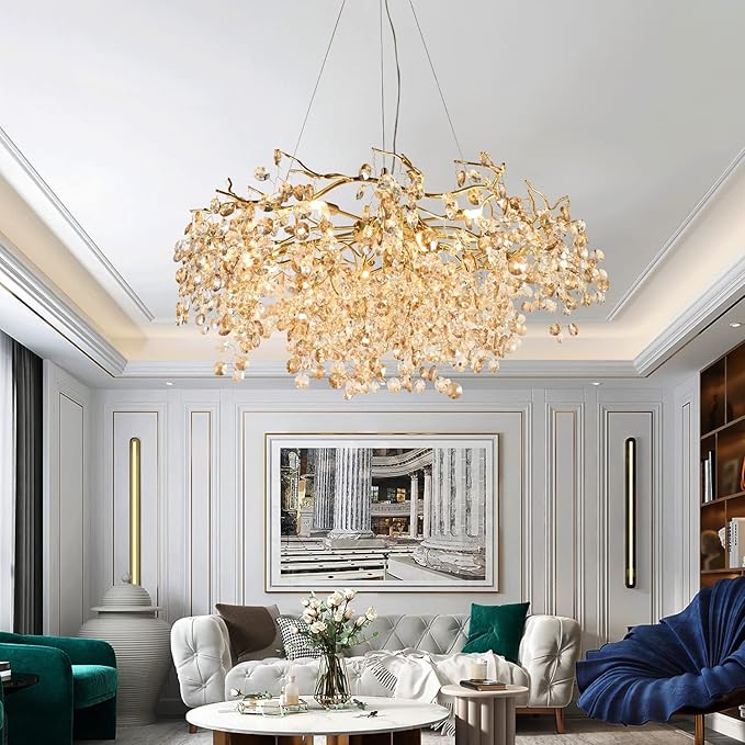 Modern Crystal Chandelier, Rectangular Gold Tree Branch Chandeliers, Luxury Raindrop Ceiling Light Fixture for High Ceiling, Dining Room, Kitchen, Office, Living Room