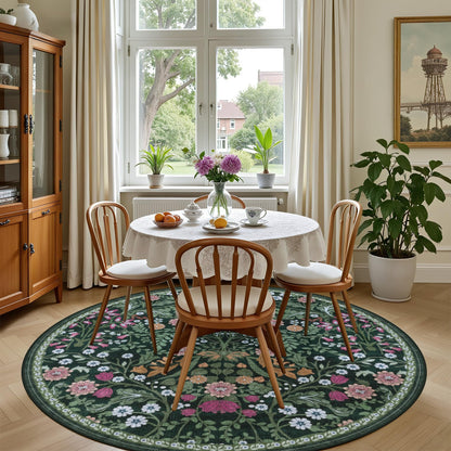 Round Area Rug for Living Room: 6 ft Floral Washable Circle Rug Soft Boho Non-Slip Carpet Indoor Stain Resistant Low Pile Small Circular Rug for Bedroom Entryway Kitchen Nursery Home Office Dark Green